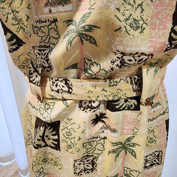 Tropical Al Silk Wooden Button Shirt Dress Large Palm Trees Paradise Sleeveless - Picture 5 of 7